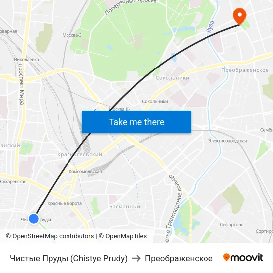 Чистые Пруды (Chistye Prudy) to Преображенское map