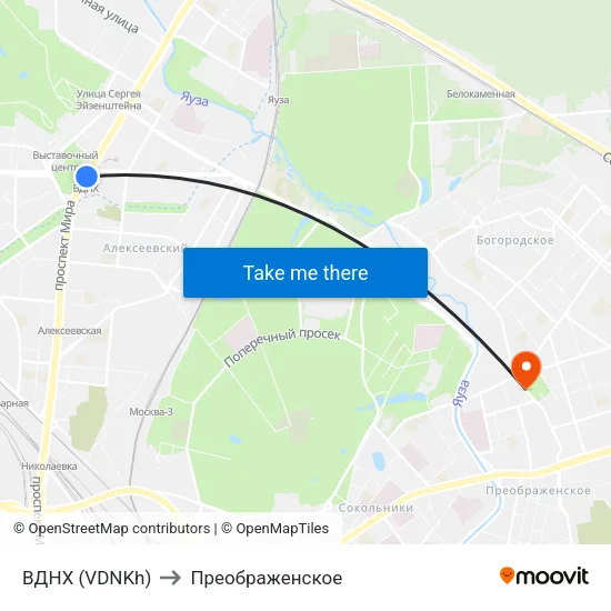 ВДНХ (VDNKh) to Преображенское map