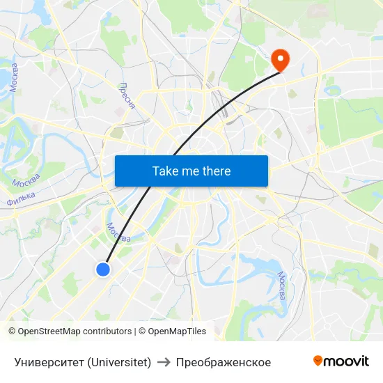 Университет (Universitet) to Преображенское map