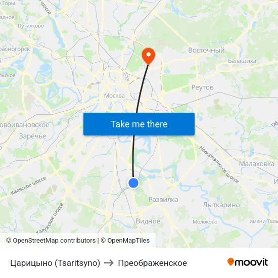 Царицыно (Tsaritsyno) to Преображенское map