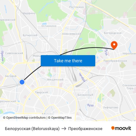 Белорусская (Belorusskaya) to Преображенское map