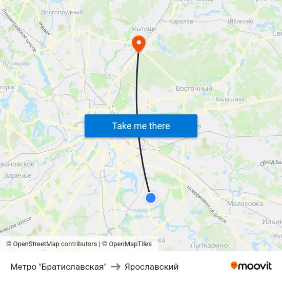 Метро "Братиславская" to Ярославский map