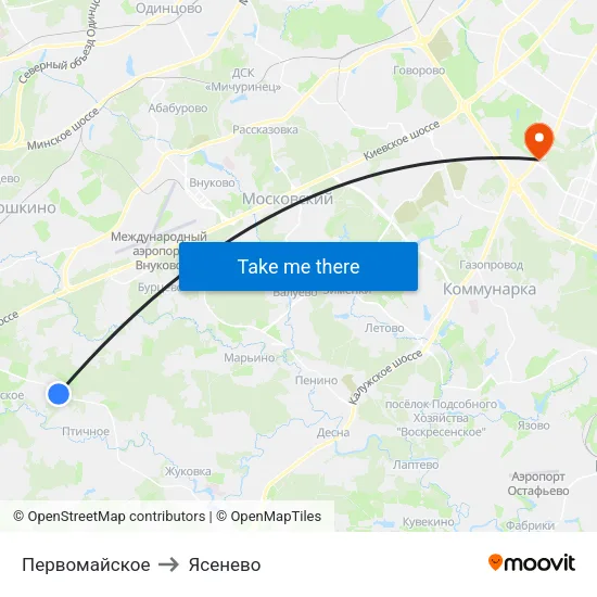 Первомайское to Ясенево map