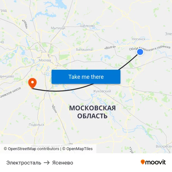 Электросталь to Ясенево map