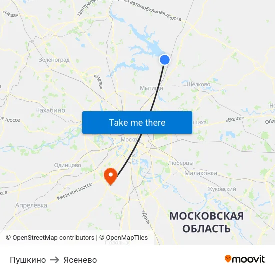 Пушкино to Ясенево map