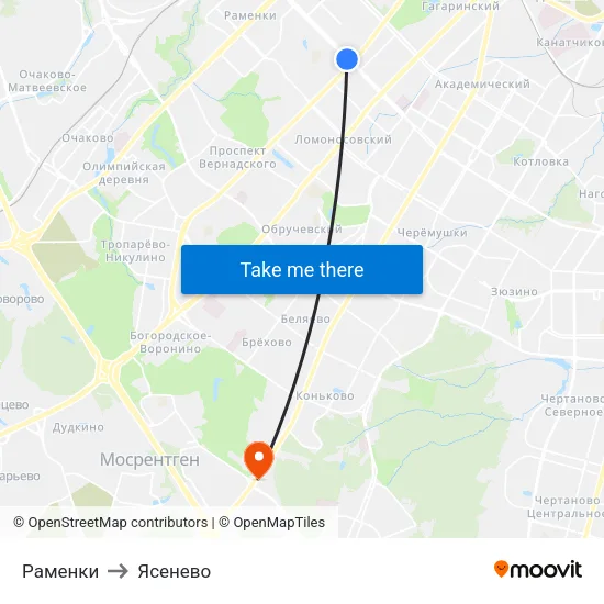 Раменки to Ясенево map