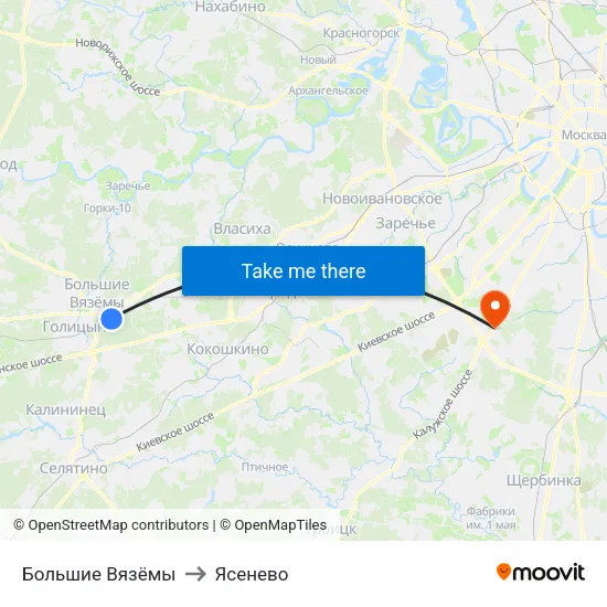 Большие Вязёмы to Ясенево map