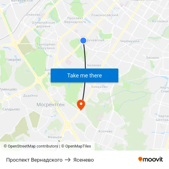 Проспект Вернадского to Ясенево map