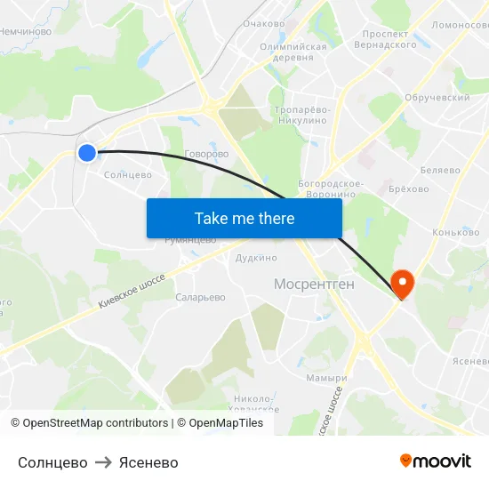 Солнцево to Ясенево map