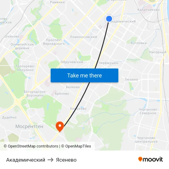 Академический to Ясенево map