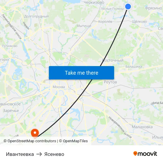 Ивантеевка to Ясенево map