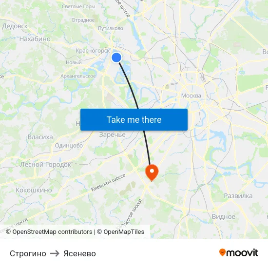 Строгино to Ясенево map