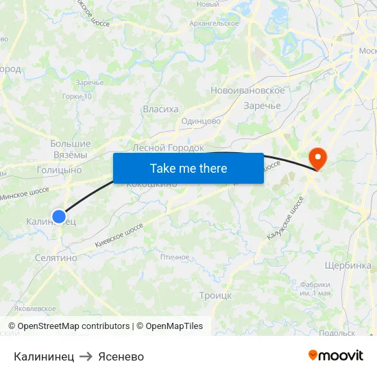 Калининец to Ясенево map