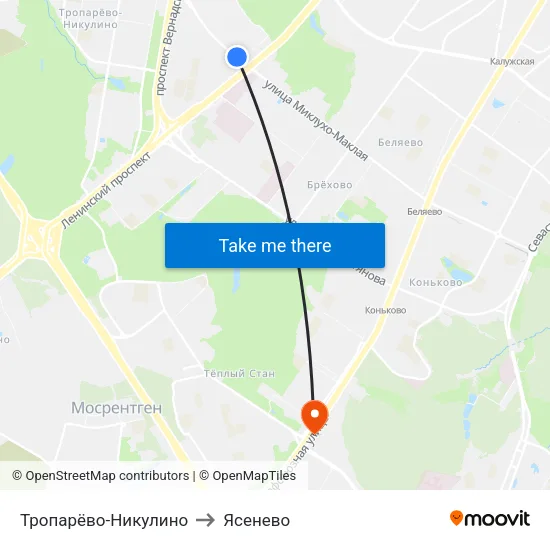 Тропарёво-Никулино to Ясенево map
