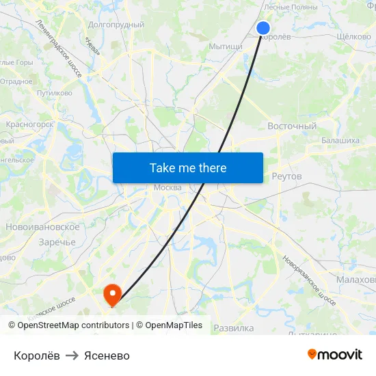 Королёв to Ясенево map