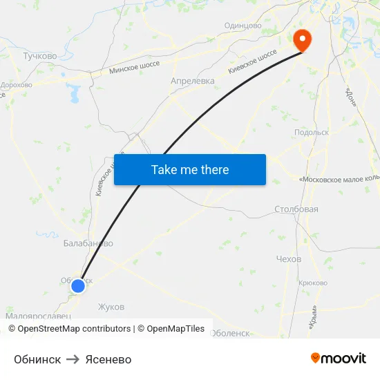 Обнинск to Ясенево map