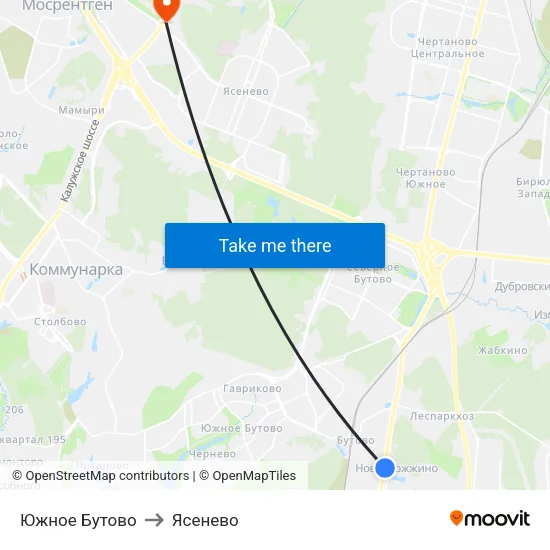 Южное Бутово to Ясенево map