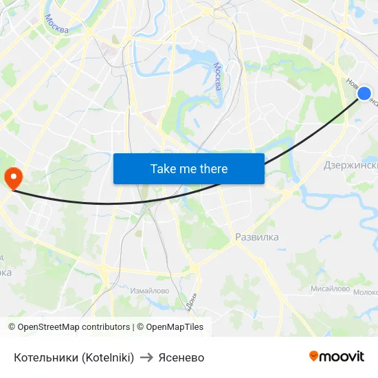 Котельники (Kotelniki) to Ясенево map