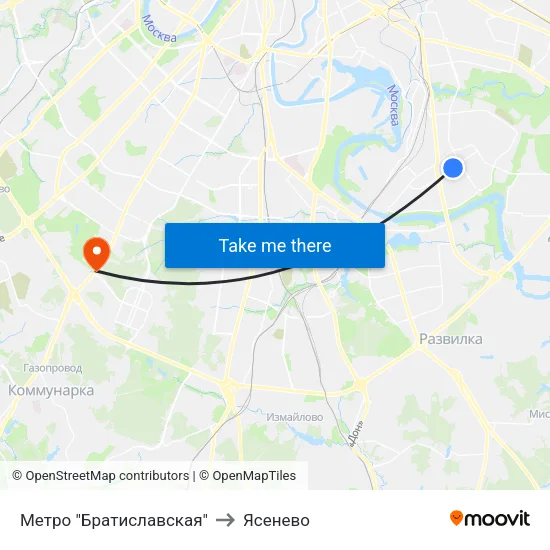 Метро "Братиславская" to Ясенево map