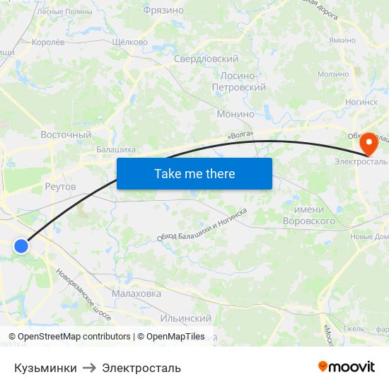 Кузьминки to Электросталь map