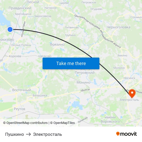 Пушкино to Электросталь map