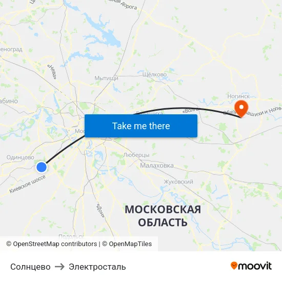 Солнцево to Электросталь map