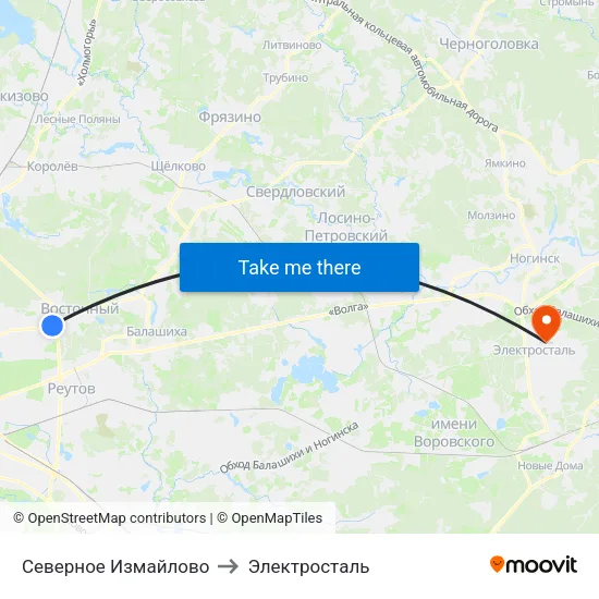 Северное Измайлово to Электросталь map