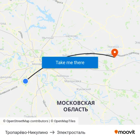 Тропарёво-Никулино to Электросталь map