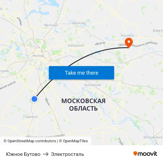 Южное Бутово to Электросталь map