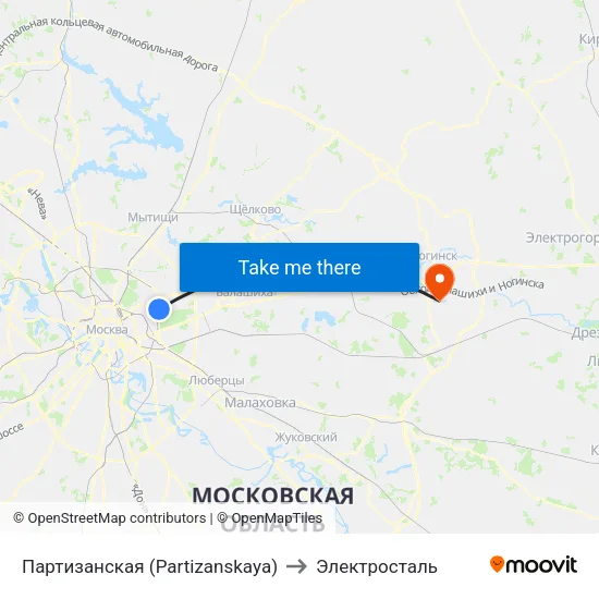 Партизанская (Partizanskaya) to Электросталь map