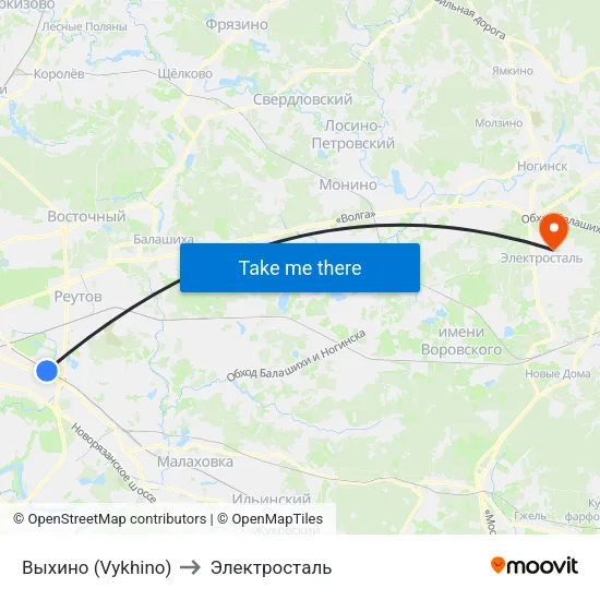 Выхино (Vykhino) to Электросталь map