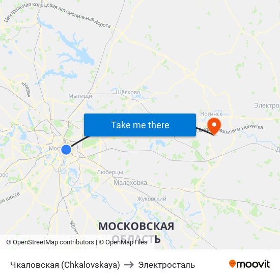 Чкаловская (Chkalovskaya) to Электросталь map