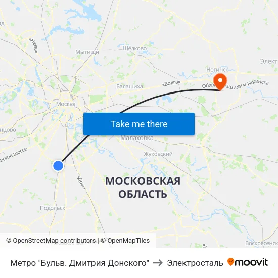 Метро "Бульв. Дмитрия Донского" to Электросталь map