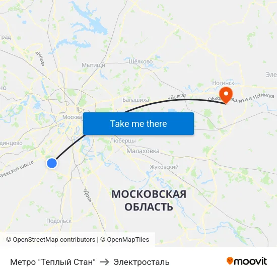 Метро "Теплый Стан" to Электросталь map