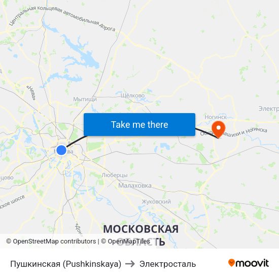 Пушкинская (Pushkinskaya) to Электросталь map