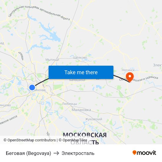 Беговая (Begovaya) to Электросталь map
