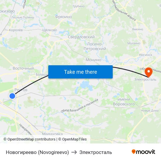 Новогиреево (Novogireevo) to Электросталь map