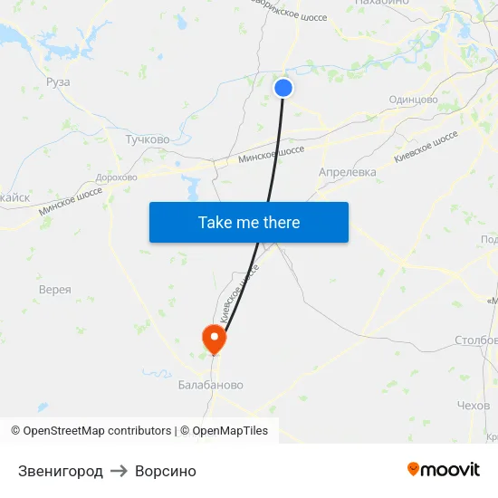 Звенигород to Ворсино map