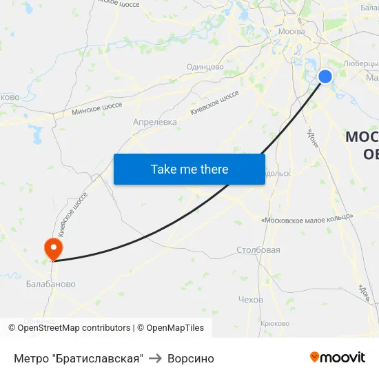 Метро "Братиславская" to Ворсино map