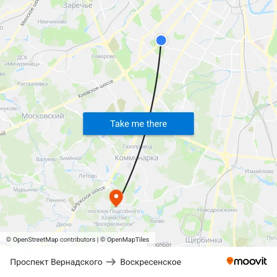 Проспект Вернадского to Воскресенское map