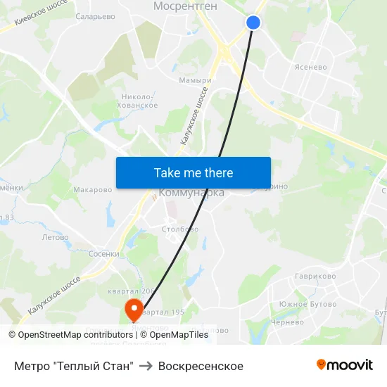 Метро "Теплый Стан" to Воскресенское map