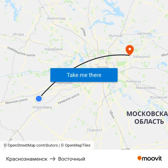 Краснознаменск to Восточный map
