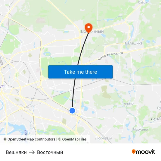 Вешняки to Восточный map