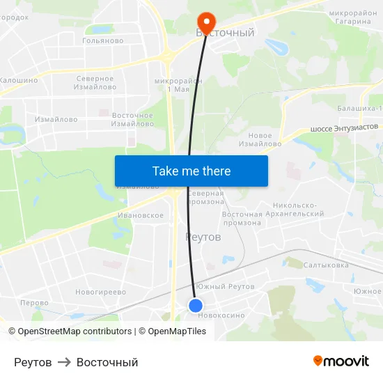 Реутов to Восточный map