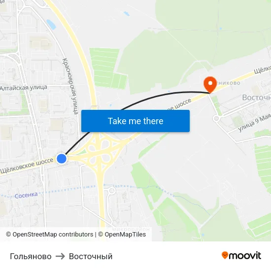 Гольяново to Восточный map