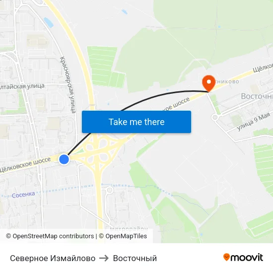 Северное Измайлово to Восточный map