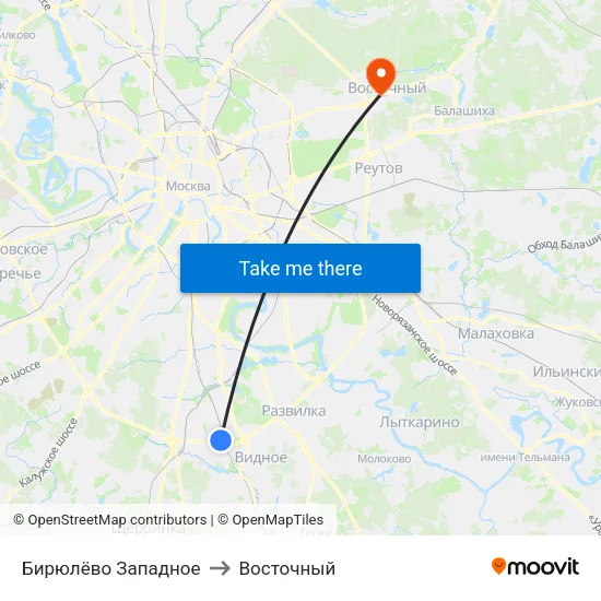 Бирюлёво Западное to Восточный map