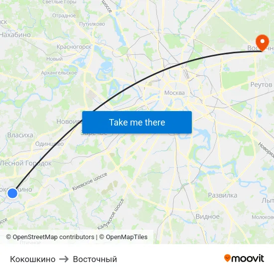 Кокошкино to Восточный map