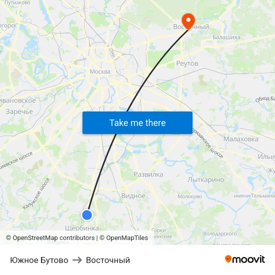 Южное Бутово to Восточный map