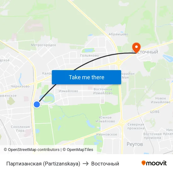 Партизанская (Partizanskaya) to Восточный map